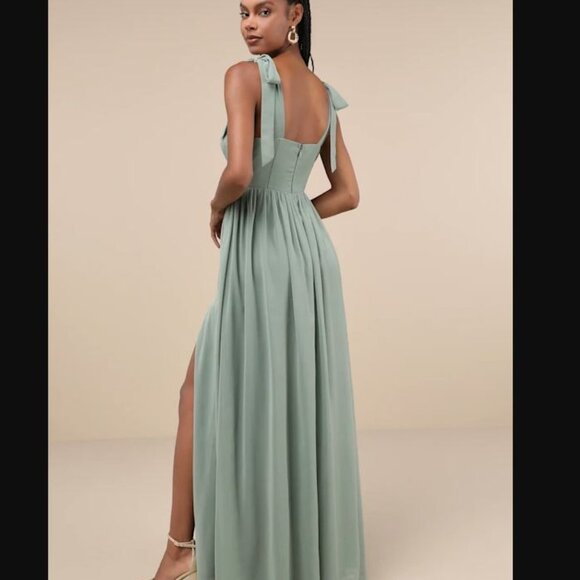 NWOT Radiant Charisma Sage Brush Chiffon Ruched Tie-Strap Maxi Dress - Picture 3 of 5